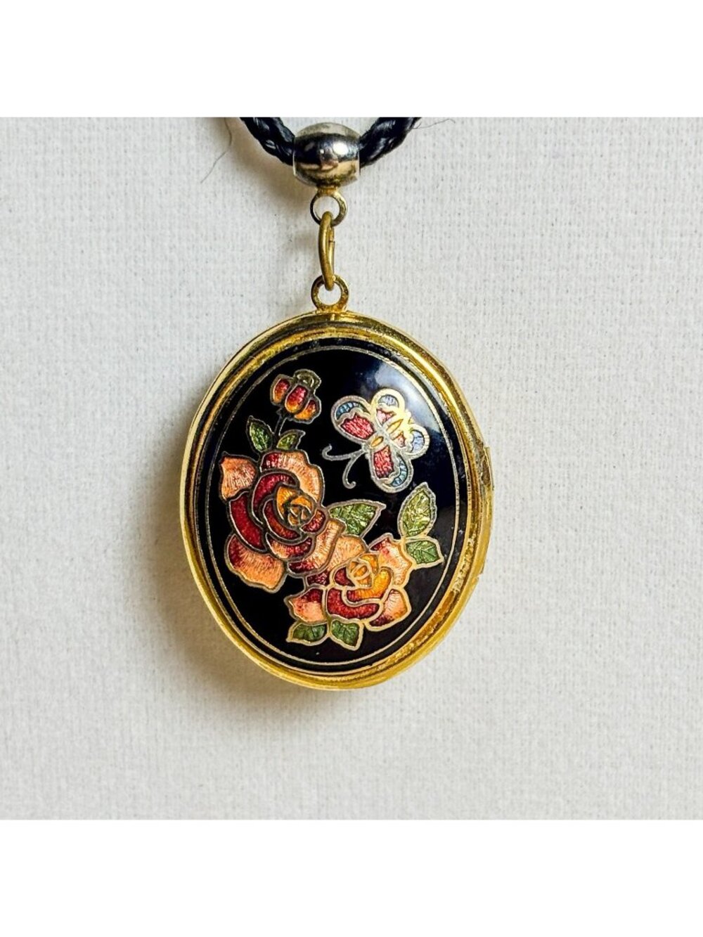 Vintage Black Cloisonné Enamel Locket Rose Butterfly Braided Cord Necklace C87